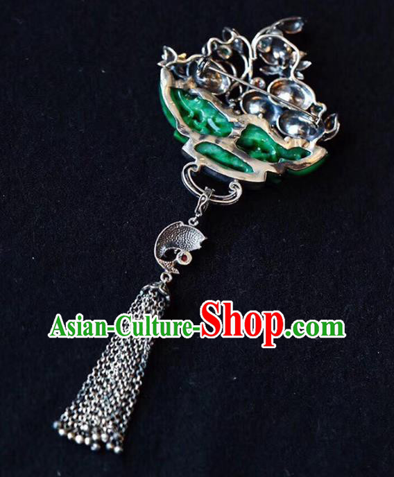 Chinese Classical Jadeite Carving Necklet Pendant Handmade Accessories National Silver Lotus Tassel Necklace