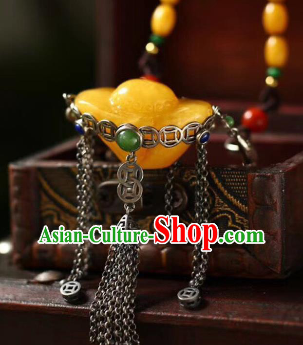 Chinese Classical Beeswax Golden Ingot Necklet Pendant Handmade Accessories National Silver Tassel Necklace
