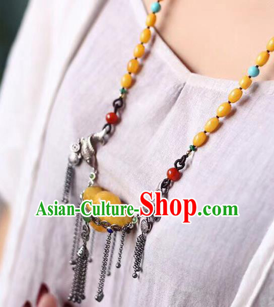 Chinese Classical Beeswax Golden Ingot Necklet Pendant Handmade Accessories National Silver Tassel Necklace