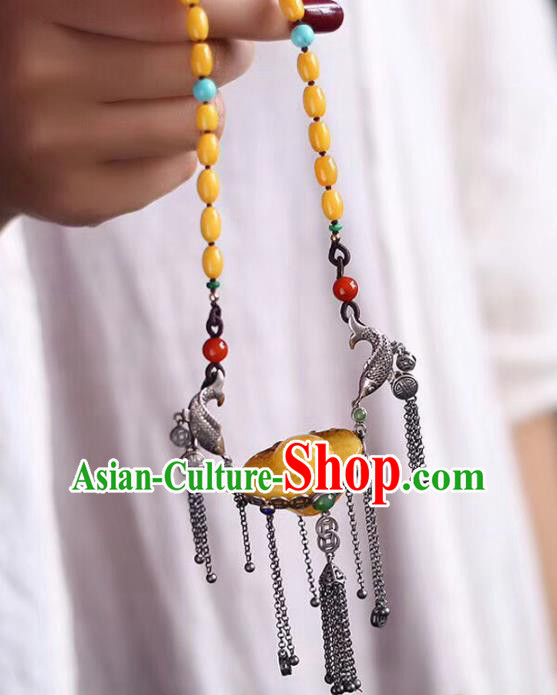 Chinese Classical Beeswax Golden Ingot Necklet Pendant Handmade Accessories National Silver Tassel Necklace