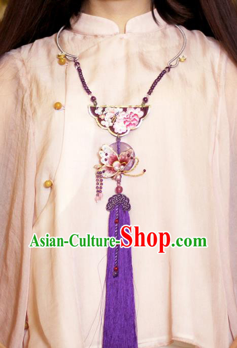 Chinese Classical Embroidered Butterfly Necklet Pendant Handmade Accessories National Purple Tassel Necklace