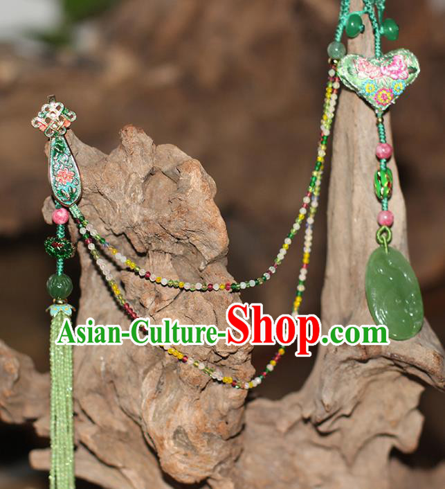 Chinese National Green Beads Tassel Brooch Jade Jewelry Traditional Handmade Cloisonne Accessories