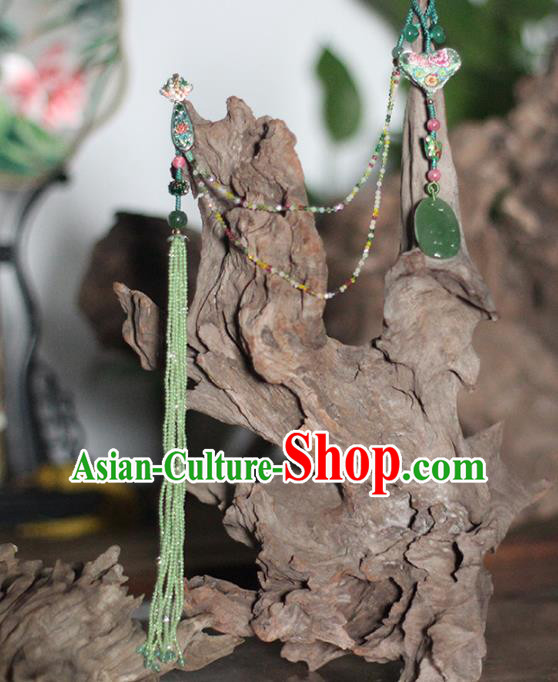 Chinese National Green Beads Tassel Brooch Jade Jewelry Traditional Handmade Cloisonne Accessories