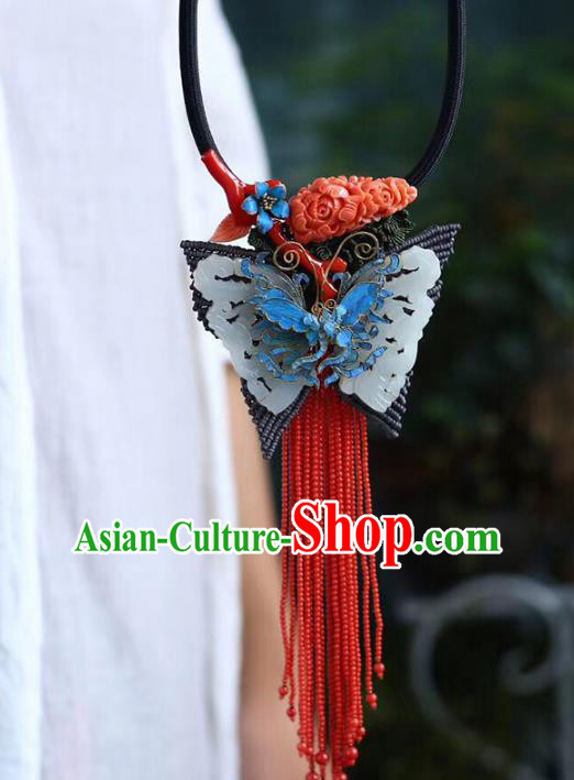 Chinese Classical Jade Butterfly Tassel Necklet Pendant Handmade National Necklace Accessories