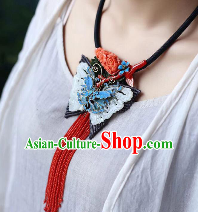 Chinese Classical Jade Butterfly Tassel Necklet Pendant Handmade National Necklace Accessories