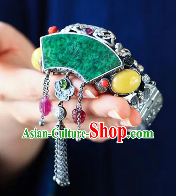 China National Jadeite Bangle Traditional Jewelry Accessories Handmade Retro Silver Carving Bat Bracelet