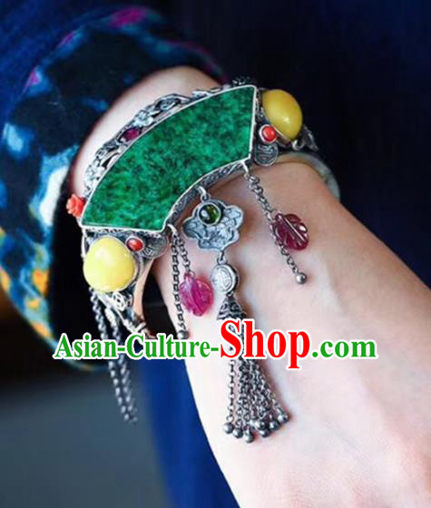 China National Jadeite Bangle Traditional Jewelry Accessories Handmade Retro Silver Carving Bat Bracelet