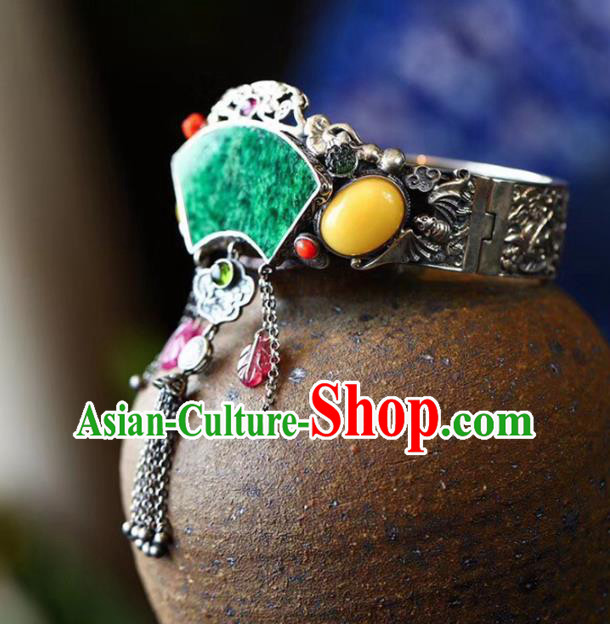China National Jadeite Bangle Traditional Jewelry Accessories Handmade Retro Silver Carving Bat Bracelet