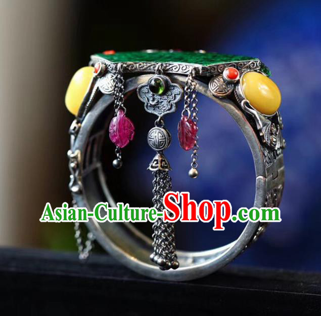 China National Jadeite Bangle Traditional Jewelry Accessories Handmade Retro Silver Carving Bat Bracelet