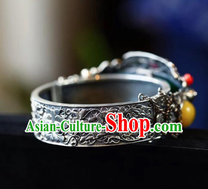 China National Jadeite Bangle Traditional Jewelry Accessories Handmade Retro Silver Carving Bat Bracelet