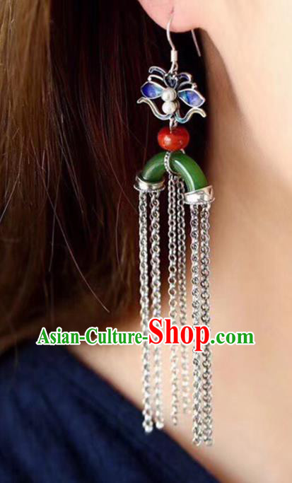 Handmade China Blueing Silver Butterfly Eardrop Jewelry Traditional Cheongsam Accessories National Jade Tassel Earrings