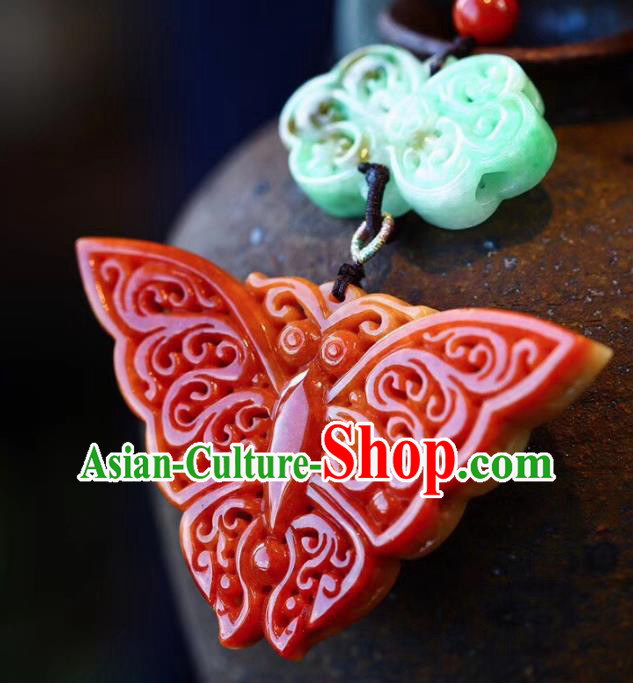 Chinese Classical Red Jade Butterfly Necklet Pendant Handmade National Embroidered Peony Necklace Accessories