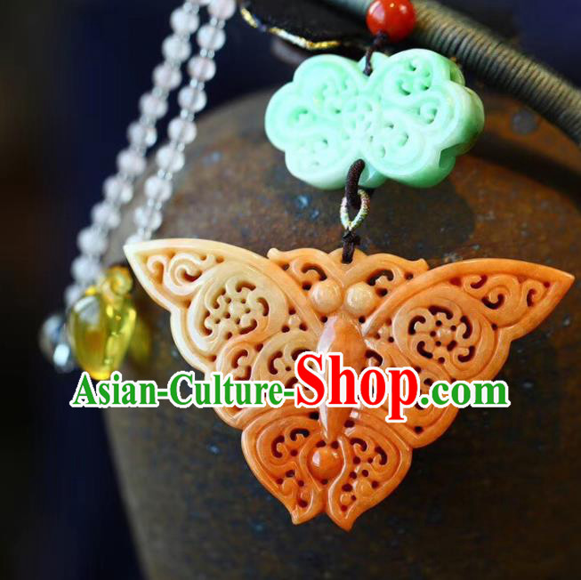 Chinese Classical Red Jade Butterfly Necklet Pendant Handmade National Embroidered Peony Necklace Accessories