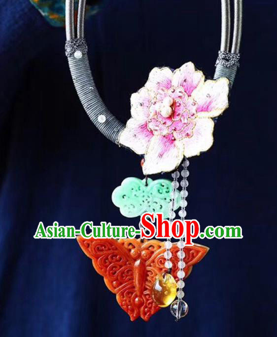 Chinese Classical Red Jade Butterfly Necklet Pendant Handmade National Embroidered Peony Necklace Accessories