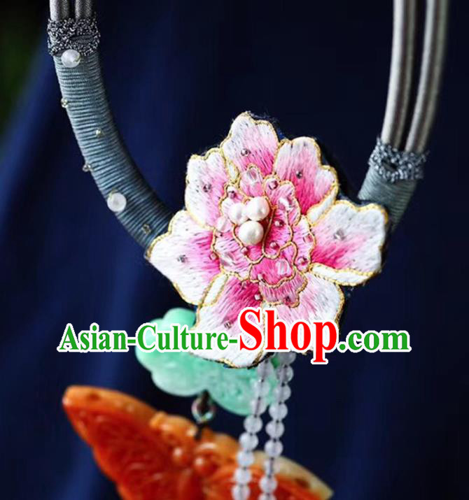Chinese Classical Red Jade Butterfly Necklet Pendant Handmade National Embroidered Peony Necklace Accessories