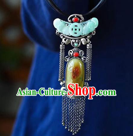 Chinese Classical Necklet Pendant Handmade National Jade Necklace Silver Tassel Accessories