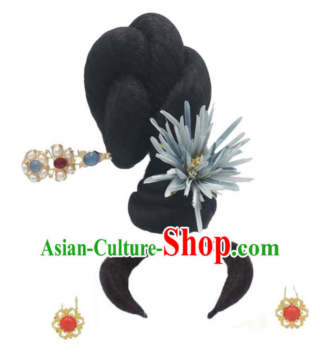 Chinese Traditional Tang Dynasty Flying Apsaras Dance Headwear Classical Dance Wigs Chignon and Blue Silk Flower Hairpin