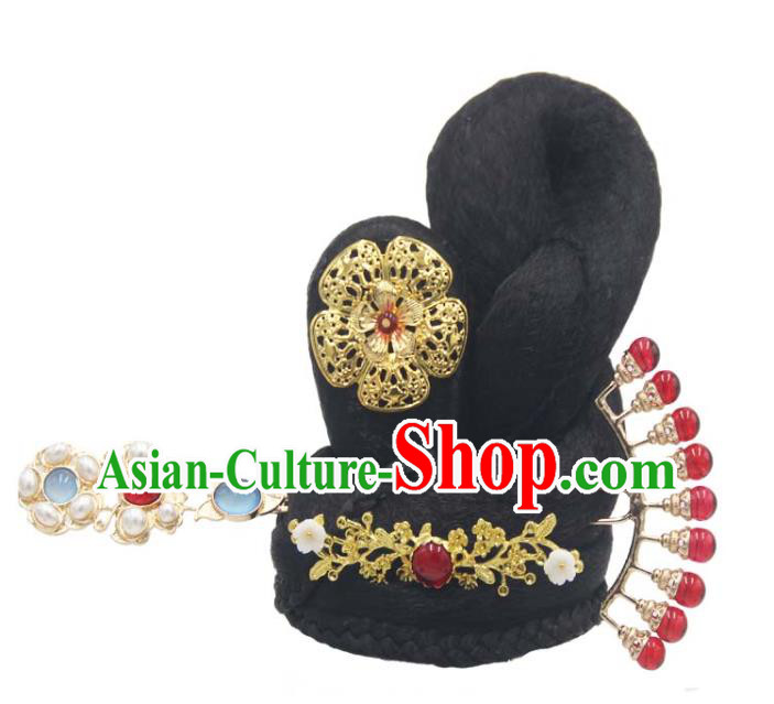 Chinese Classical Dance Wigs Chignon and Hairpin Traditional Tang Dynasty Flying Apsaras Dance Headwear