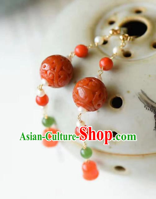 Handmade China National Agate Earrings Traditional Pearls Accessories Cheongsam Eardrop Jewelry