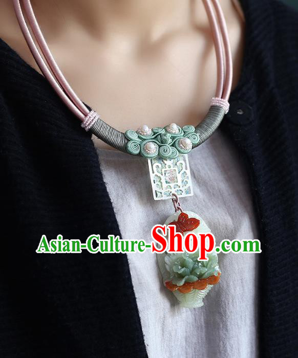 Chinese Classical Jade Carving Necklet Pendant Handmade Accessories National Sennit Necklace