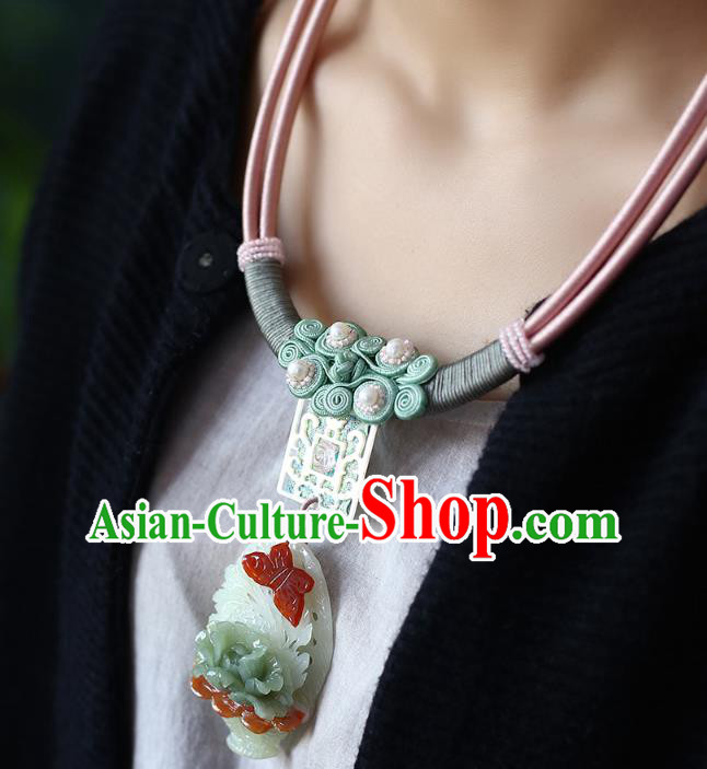 Chinese Classical Jade Carving Necklet Pendant Handmade Accessories National Sennit Necklace