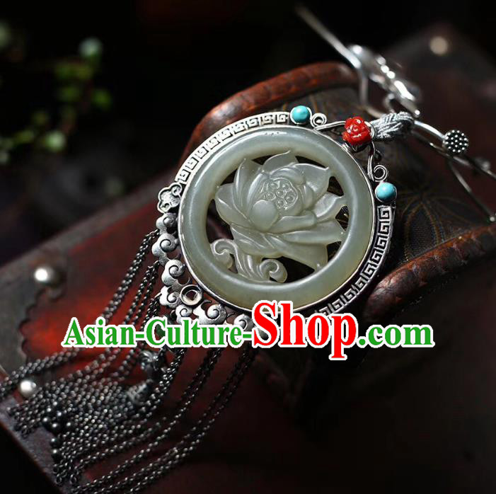 Chinese Classical Silver Tassel Necklet Pendant Handmade Accessories National Jade Carving Lotus Necklace