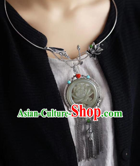 Chinese Classical Silver Tassel Necklet Pendant Handmade Accessories National Jade Carving Lotus Necklace