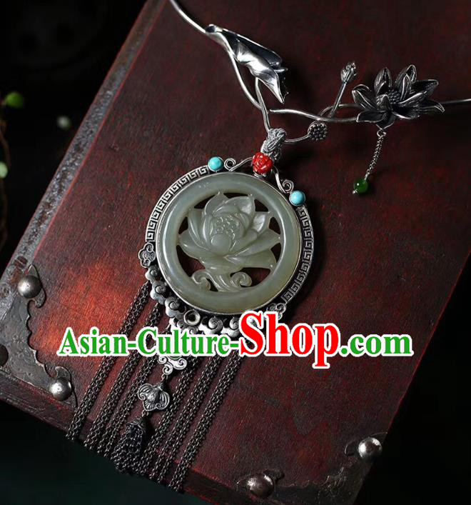 Chinese Classical Silver Tassel Necklet Pendant Handmade Accessories National Jade Carving Lotus Necklace