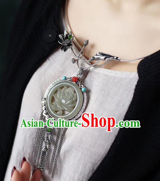 Chinese Classical Silver Tassel Necklet Pendant Handmade Accessories National Jade Carving Lotus Necklace