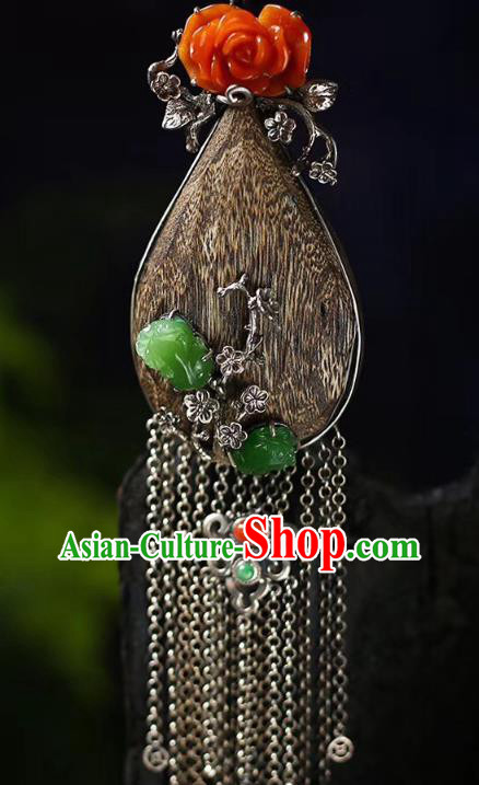 Chinese Classical Eaglewood Necklet Pendant Handmade Jadeite Accessories National Silver Tassel Necklace
