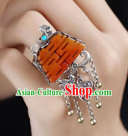 Chinese National Wedding Circlet Jewelry Traditional Handmade Jade Accessories Silver Tassel Ring