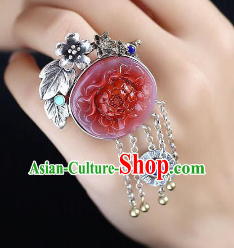 Chinese National Jade Ring Wedding Circlet Jewelry Traditional Handmade Carving Red Peony Accessories