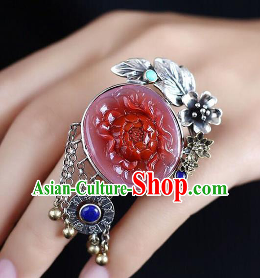 Chinese National Jade Ring Wedding Circlet Jewelry Traditional Handmade Carving Red Peony Accessories