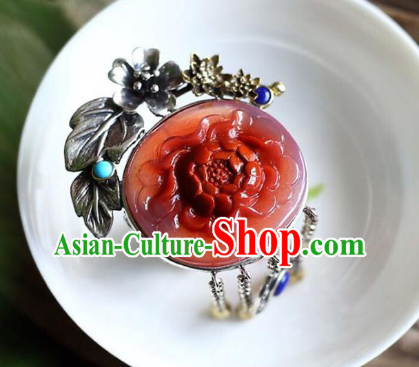 Chinese National Jade Ring Wedding Circlet Jewelry Traditional Handmade Carving Red Peony Accessories