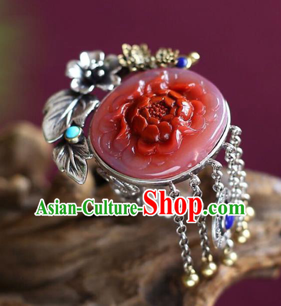 Chinese National Jade Ring Wedding Circlet Jewelry Traditional Handmade Carving Red Peony Accessories