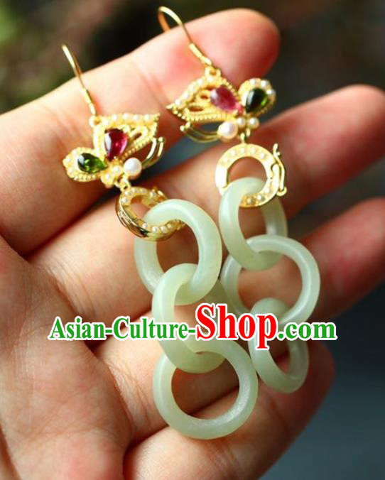 Handmade China Cheongsam Jade Rings Eardrop Traditional Jewelry Accessories National Golden Butterfly Earrings