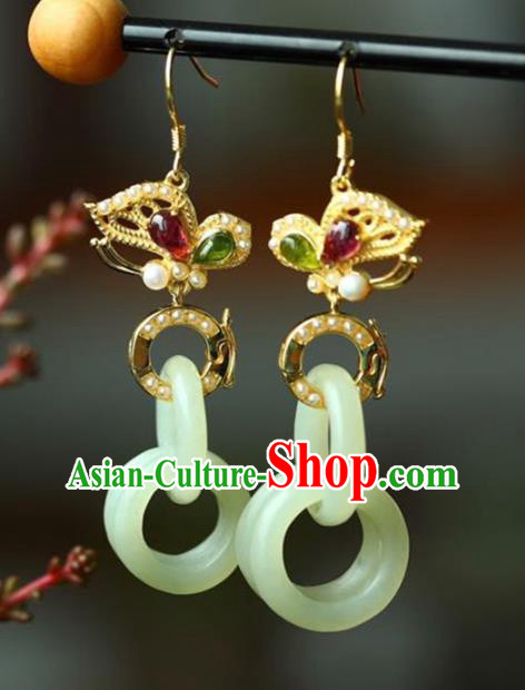 Handmade China Cheongsam Jade Rings Eardrop Traditional Jewelry Accessories National Golden Butterfly Earrings