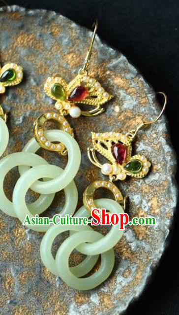 Handmade China Cheongsam Jade Rings Eardrop Traditional Jewelry Accessories National Golden Butterfly Earrings