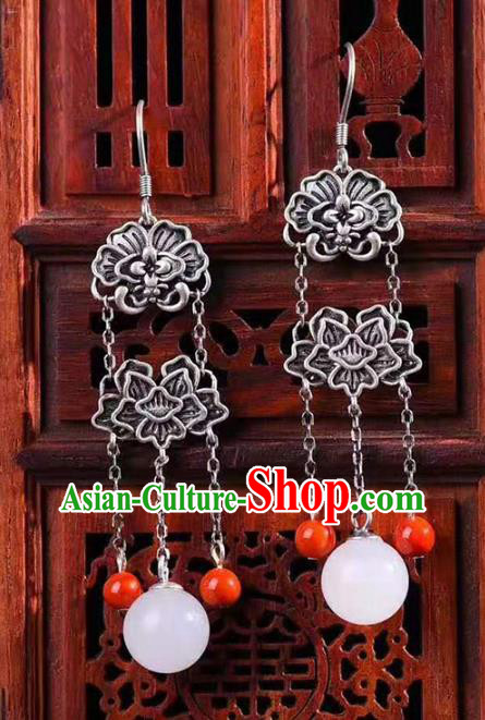 Handmade China Silver Eardrop Jewelry Traditional Cheongsam Accessories National Hetian Jade Earrings