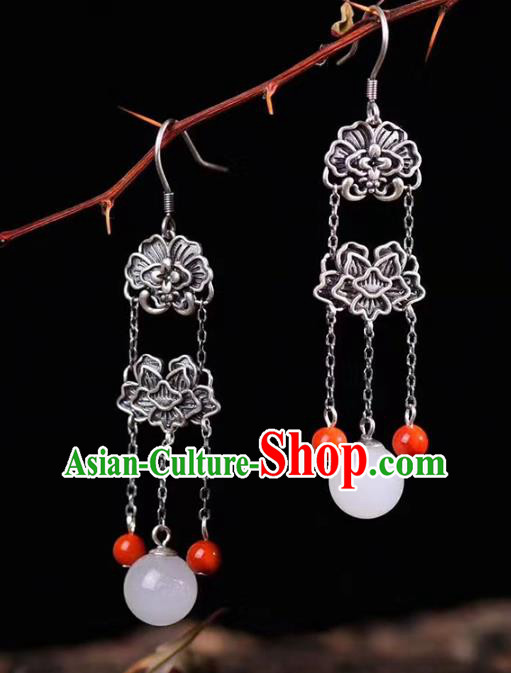 Handmade China Silver Eardrop Jewelry Traditional Cheongsam Accessories National Hetian Jade Earrings