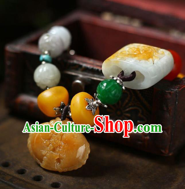 China Handmade White Jade Beads Bracelet Traditional Jewelry Accessories National Beeswax Silver Bangle