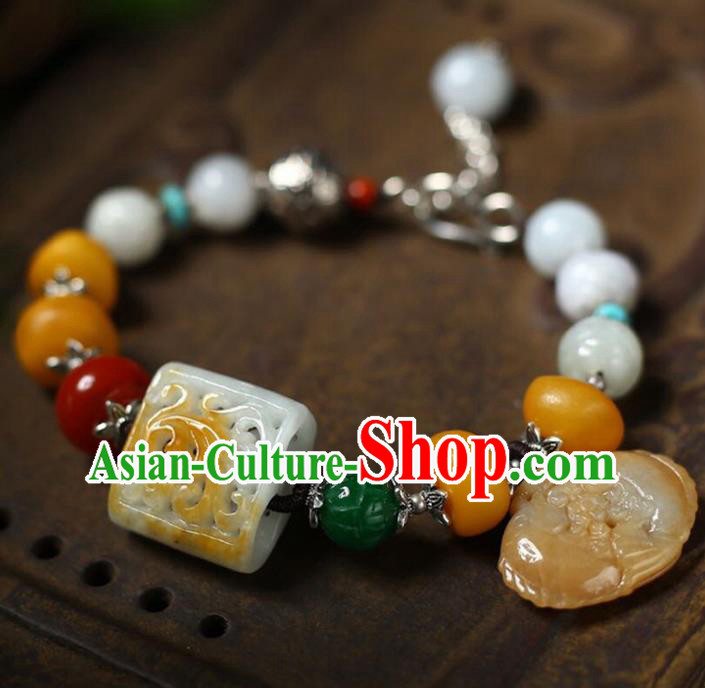 China Handmade White Jade Beads Bracelet Traditional Jewelry Accessories National Beeswax Silver Bangle