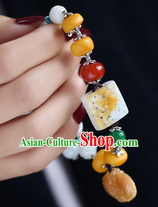 China Handmade White Jade Beads Bracelet Traditional Jewelry Accessories National Beeswax Silver Bangle