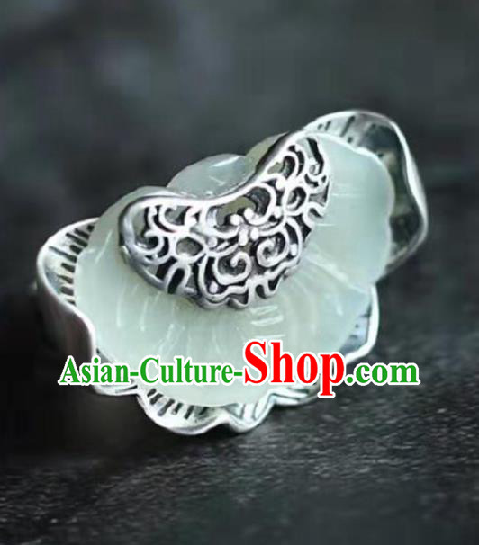 Chinese Handmade Silver Circlet Accessories Traditional National Jade Lotus Ring