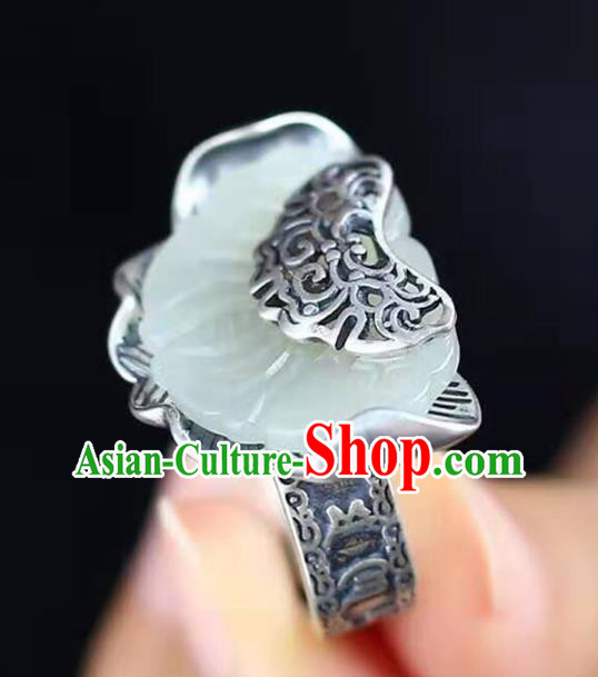 Chinese Handmade Silver Circlet Accessories Traditional National Jade Lotus Ring