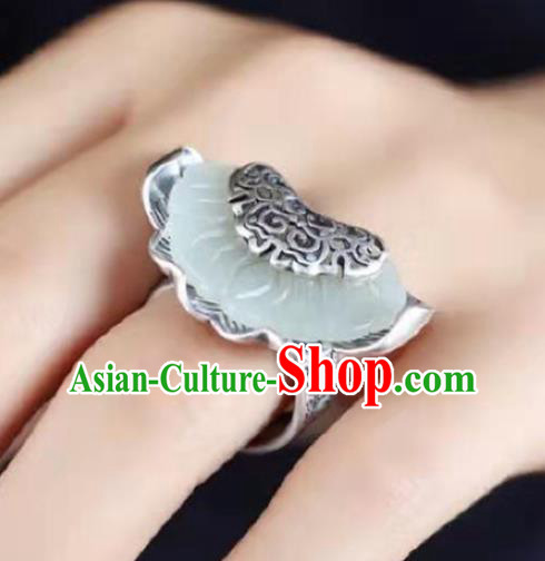 Chinese Handmade Silver Circlet Accessories Traditional National Jade Lotus Ring