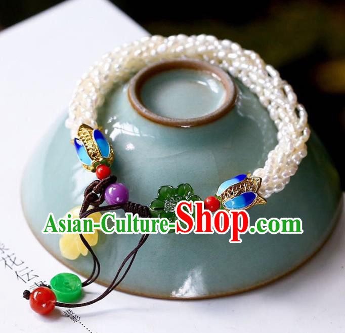 China Handmade Pearls Bracelet Traditional Cloisonne Jewelry Accessories National Jadeite Bangle