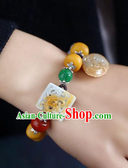 China Handmade White Jade Beads Bracelet Traditional Jewelry Accessories National Beeswax Silver Bangle