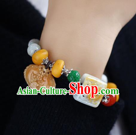China Handmade White Jade Beads Bracelet Traditional Jewelry Accessories National Beeswax Silver Bangle