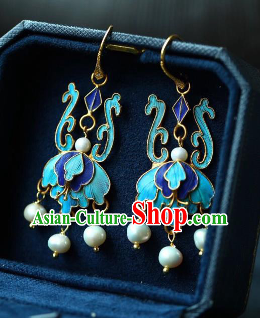 Handmade China Blueing Eardrop Jewelry Traditional Cheongsam Accessories National Pearls Tassel Earrings